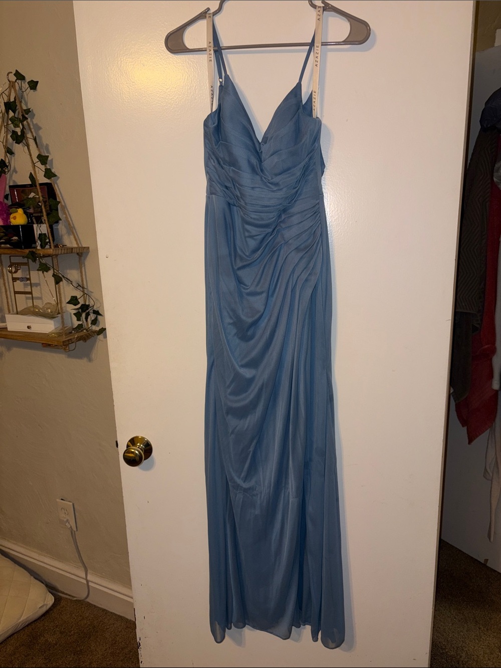 Azazie Dusty Blue Maxi Dress - V-Neck Spaghetti Straps